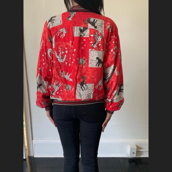 Vintage Giraffe Print Red Bomber Jacket 1990's 90's Animal Safari Bomber Jacket - Picture 5 of 10